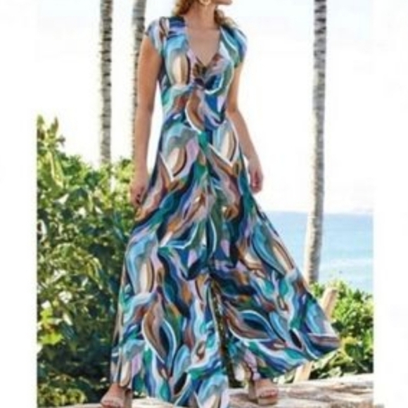 Soft Surroundings Artinique Abstract Wave Print Wide Leg Jumpsuit Medium - Picture 1 of 12